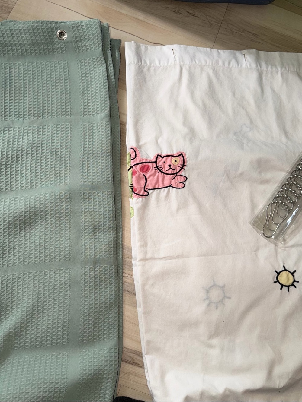 White & Sage Shower Curtains with Pink Cat Embroidery - Playful